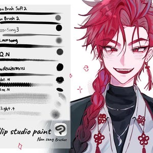 以下が含まれることがあります： 赤い髪と目のキャラクターが、花のディテールが施された白いシャツを着ているデジタルイラスト。画像には、ブラシストロークの例と「Clip Studio Paint」と「Non sang Brushes」のテキストが含まれています。