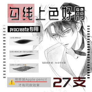 以下が含まれることがあります： 中国語の文字と「Procreate」のテキストが入ったイラスト。この画像は、人物の顔の細部を描いたもので、ブラシストロークの例と「27本のブラシ」というテキストが特徴です。