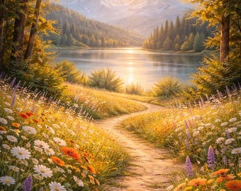 Golden Path to Serenity – Sunlit Mountain Lake Landscape Art | Nature Wall Art Image | Calm Scenic Artwork