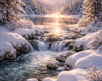 Snowy Mountain River Sunset – Realistic Winter Landscape Art | Serene Nature Scene | Alpine Snow Artwork