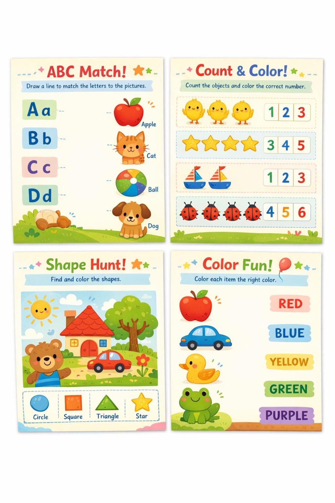 Preschool Learning Worksheets | ABC Matching, Colors, Shapes (instant