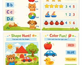 Preschool Learning Worksheets | ABC Matching, Colors, Shapes (Instant Download)