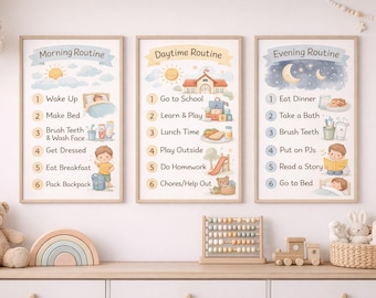 Kids Daily Routine Wall Art Printable | Morning Day Evening Routine Chart for Kids | Nursery & Preschool Printable