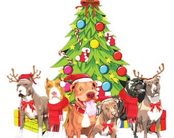 Pitbull Christmas Clipart | Dog Holiday Art | Festive Tree Illustration