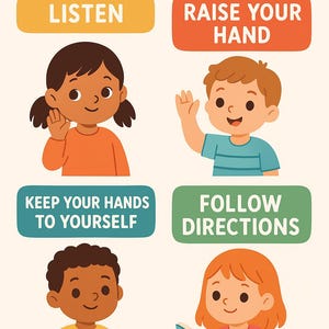 Puede incluir: Un póster colorido con las palabras "REGLAS ESCOLARES" en la parte superior. El póster presenta ilustraciones de niños y frases como "ESCUCHA", "LEVANTA LA MANO", "MANTÉN TUS MANOS PARA TI" y "SIGUE LAS INSTRUCCIONES".