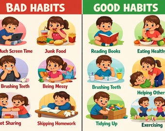 Good Habits vs Bad Habits Poster for Kids | Daily Routine Educational Wall Art | Preschool Classroom Printable | Healthy Habits Chart