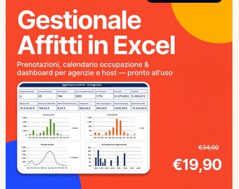 May include: A digital rental management tool for Excel by Quadra, featuring a bright orange background with a yellow circle. The interface displays a dashboard with data tables, bar charts, and line graphs for bookings and occupancy tracking.