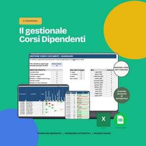 Könnte beinhalten: Eine digitale Dashboard-Oberfläche für die Verwaltung von Mitarbeiterschulungen auf Bildschirmen, mit Datentabellen, Statusanzeigen und italienischem Text. Enthält Excel- und Google Sheets-Symbole sowie Beschriftungen für automatische Fristberechnungen.