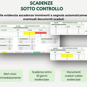 May include: A digital spreadsheet interface titled SCADENZE SOTTO CONTROLLO featuring tables that track document expiration dates with colour-coded status indicators, including green for OK, yellow for upcoming, and red for expired items.