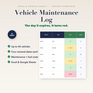 Op de afbeelding: Een digitaal voertuigonderhoudslogboek-sjabloon voor Excel en Google Sheets. De interface toont een tabel met kolommen voor voertuig-ID, merk, status en resterende dagen. Statuscellen zijn kleurgecodeerd in groen, geel en rood voor statusindicatie.
