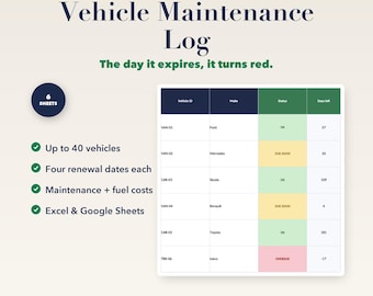 May include: A digital vehicle maintenance log template for Excel and Google Sheets. The interface displays a table with columns for Vehicle ID, Make, Status, and days left. Status cells are colour-coded in green, yellow, and red to indicate status.
