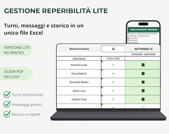 May include: A laptop screen shows a spreadsheet with employee shift data, including names and total shifts. A smartphone displays a WhatsApp message. Text at the top reads "GESTIONE REPERIBILITÀ LITE". Additional text includes "Turni, messaggi e storico in un unico file Excel".