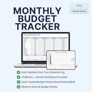 Può includere: Un tracker di budget mensile digitale visualizzato su uno schermo di laptop e tablet. L'interfaccia mostra una tabella di riepilogo del budget annuale e un grafico a barre. Il testo include Monthly Budget Tracker, Excel, Google Sheets e punti elenco.