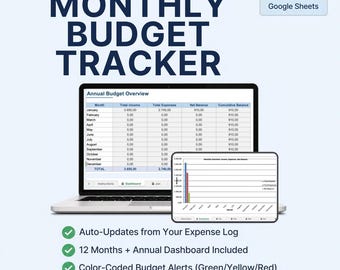 May include: A digital monthly budget tracker displayed on a laptop and tablet screen. The interface shows an annual budget overview table and a bar chart. Text includes Monthly Budget Tracker, Excel, Google Sheets, and feature list bullet points.