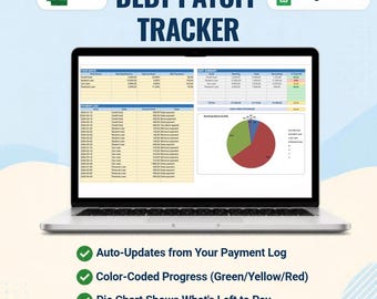 May include: A digital debt payoff tracker displayed on a laptop screen, featuring tables for debts, payment logs, and a pie chart. The interface includes Excel and Google Sheets logos, with text listing features like auto-updates and color-coded progress.