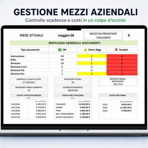 Puede incluir: Una pantalla de portátil muestra una hoja de cálculo con el título "GESTIONE MEZZI AZIENDALI" y el texto "Controlla scadenze e costi in un colpo d'occhio." La hoja de cálculo incluye datos sobre el mantenimiento de vehículos.