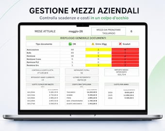 Może przedstawiać: Ekran laptopa wyświetla arkusz kalkulacyjny z tytułem "GESTIONE MEZZI AZIENDALI" i tekstem "Controlla scadenze e costi in un colpo d'occhio." Arkusz zawiera dane dotyczące konserwacji pojazdów i kosztów.