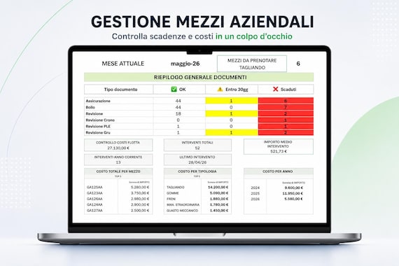 Gestione Flotta Aziendale Excel | Scadenzario Mezzi Bollo Assicurazione Revisione | Controllo Costi e Manutenzioni | Dashboard KPI PMI