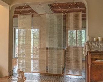 Tenda divisoria giapponese per ambienti, pannello sospeso in ramia tessuto a mano, tenda per finestra tessuta, schermo Noren per porta, dimensioni personalizzate, decorazione Wabi Sabi giapponese