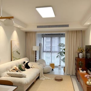 Pu&ograve; includere: Un soggiorno luminoso e arioso con un divano color crema, un tappeto beige e tende chiare. Cuscini decorativi con vari motivi e colori adornano il divano. Un mobile in legno e una lampada da terra completano l'arredamento della stanza. Una grande finestra offre una vista sull'esterno.