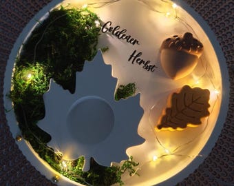 Autumn decoration home decoration with LED light chain and moss – candle holder tealight – golden autumn table decoration gift with leaf and acorn