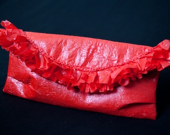 Red Fused Plastic Ruffled Clutch