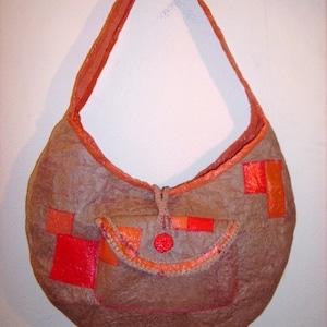 Recycle Fused Plastic Hobo Bag Natural Brown with Orange and Red image 1