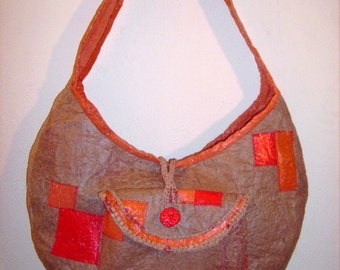 Recycle Fused Plastic Hobo Bag  Natural Brown with Orange and Red