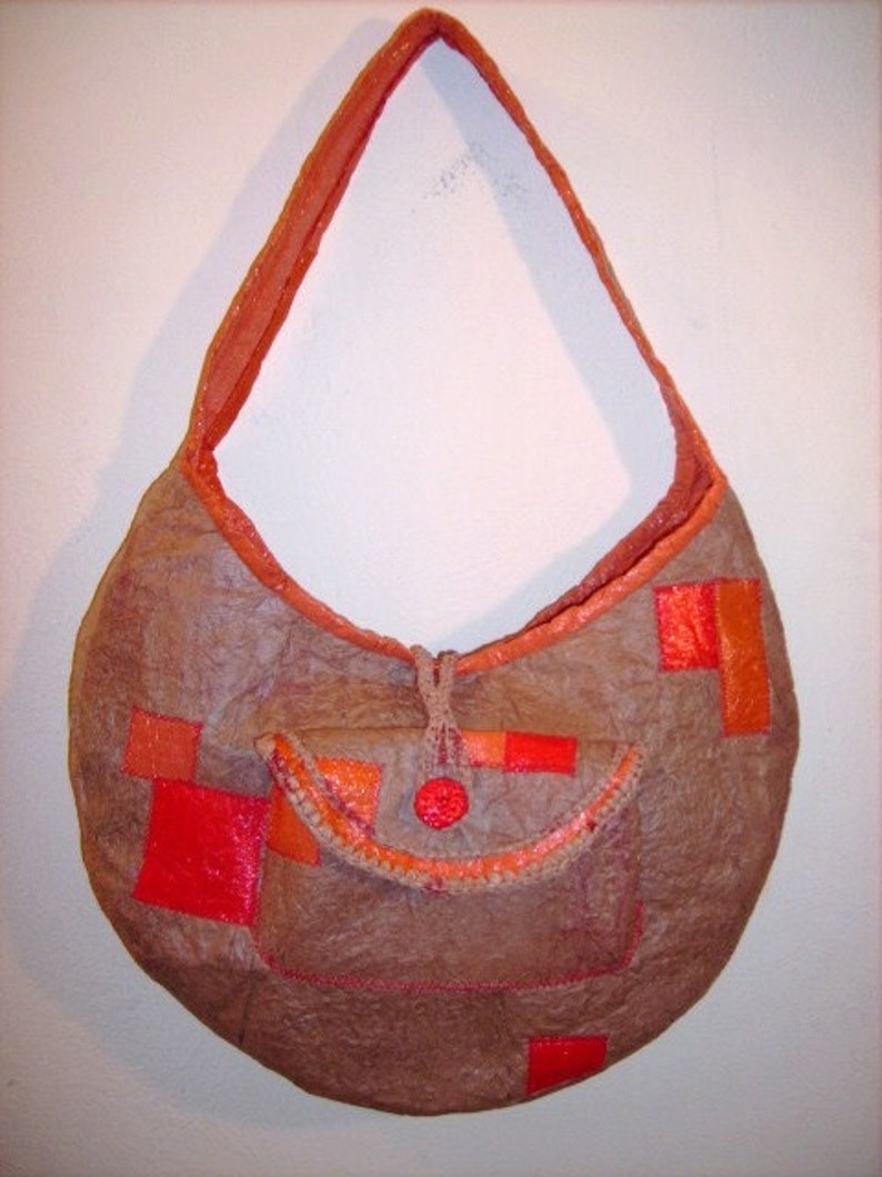 Recycle Fused Plastic Hobo Bag Natural Brown with Orange and Red image 1