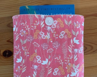 Book Sleeve -Quilted Padded Book Cover- Floral Coral Pink and White - Book Holder