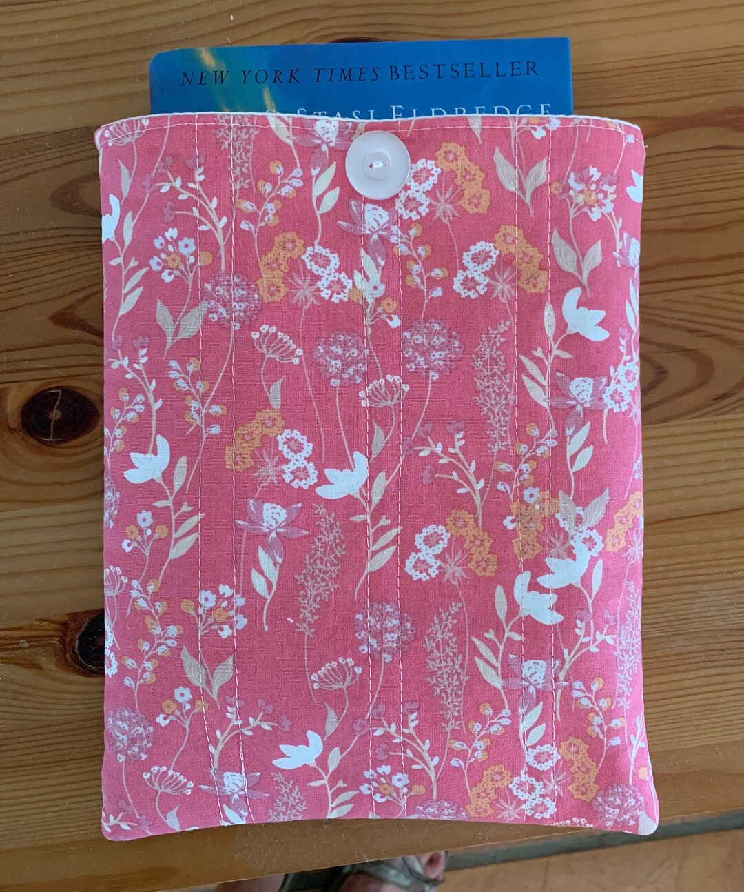 Book Sleeve quilted Padded Book Cover Floral Coral Pink and White Book
