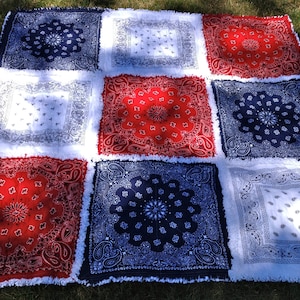 Bandana Rag Quilt Picnic Blanket: Red White Blue Handkerchief Quilt