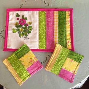 Original Art Posies Quilted Patchwork Mug Rug and Coasters Set