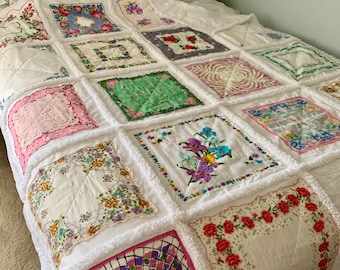 Vintage Hanky Handkerchief Rag Quilt Shabby Chic Quilt Blanket