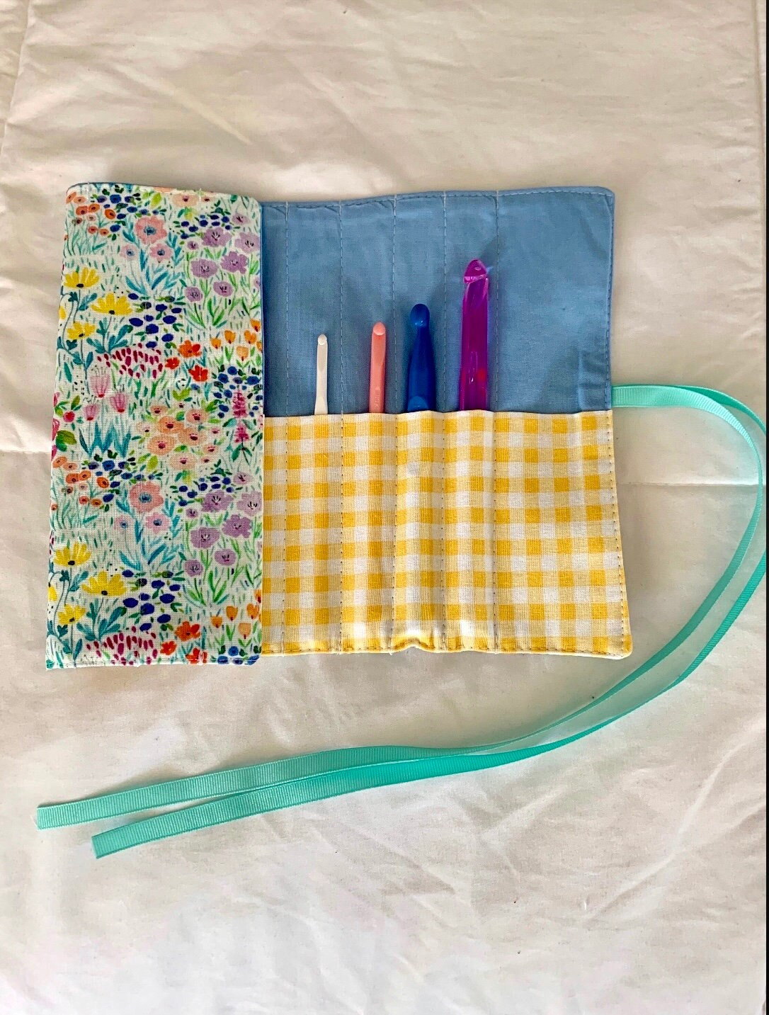 Crochet Needle Hook Case Holder Wrap Pen Holder Flowers Blue and Yellow