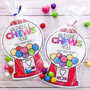 Gumball Machine Kids Valentines Cards, I Chews You Valentine's Day Card, Boy Girl Valentine, Gum Ball Printed School Classroom Cards Favors