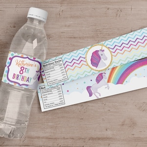 Printed Unicorn Birthday Water Bottle Labels: Party Favors
