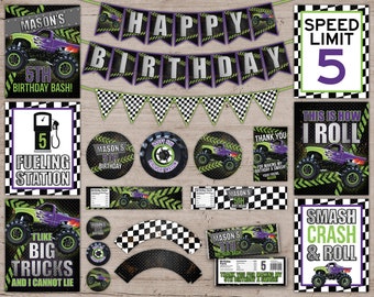Può includere: Decorazioni per feste a tema monster truck in verde, nero e viola. Le decorazioni includono uno striscione che dice "Buon compleanno", un cartello che dice "Limite di velocità 5" e un cartello che dice "Questo è come rotolo".