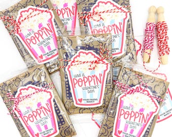 Kids Popcorn Valentine Stickers, Cute Kids Poppin' Valentines Day Treat, School Class Party Favor, Boys Girls Preschool Valentine's Card