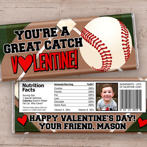 Baseball Valentine Candy Bar Wrappers - Baseball Valentines - Personalized Baseball Valentine's Day Printable