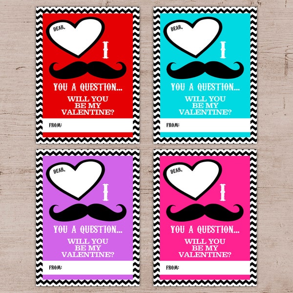 Mustache Valentine's Day Cards - Printable INSTANT DOWNLOAD