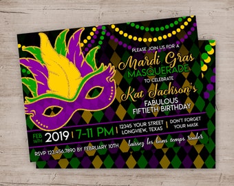 May include: A Mardi Gras masquerade party invitation with a purple, gold, and green mask on a black background with a diamond pattern. The invitation text reads "Please join us for a Mardi Gras Masquerade to celebrate Kat Jackson's Fabulous Fiftieth Birthday" and includes the date, time, and location of the party.