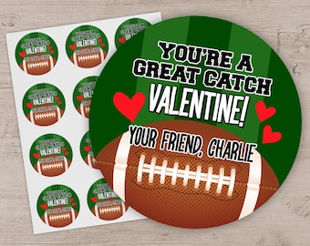 Football Valentine Stickers - Sports Valentine&#39;s Day Treat Labels - All Star Valentines Party Favors - School Classroom Party - Set of 12
