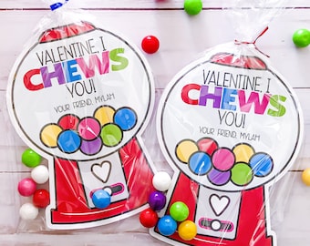 Gumball Machine Kids Valentines Cards, I Chews You Valentine's Day Card, Boy Girl Valentine, Gum Ball Printed School Classroom Cards Favors