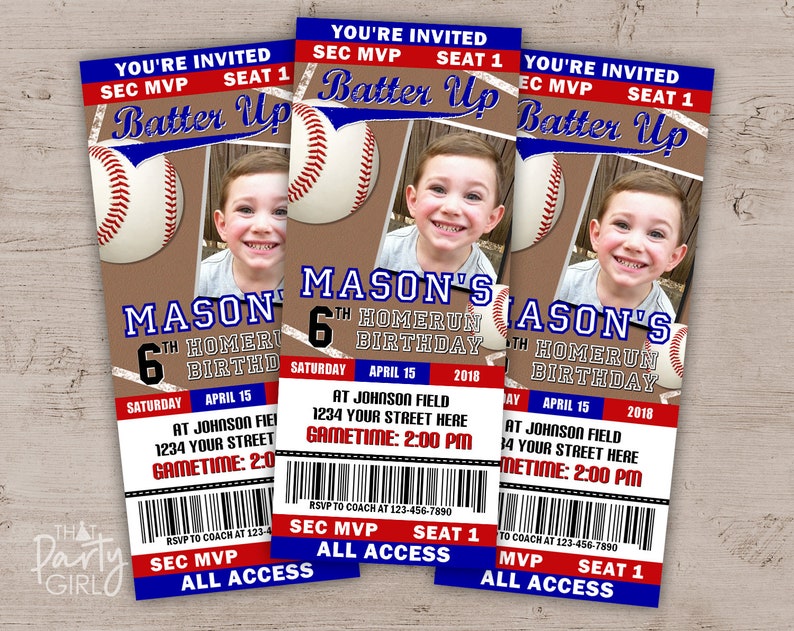 DIY Baseball Birthday Party Ticket Style Invitations Digital U Print image 1