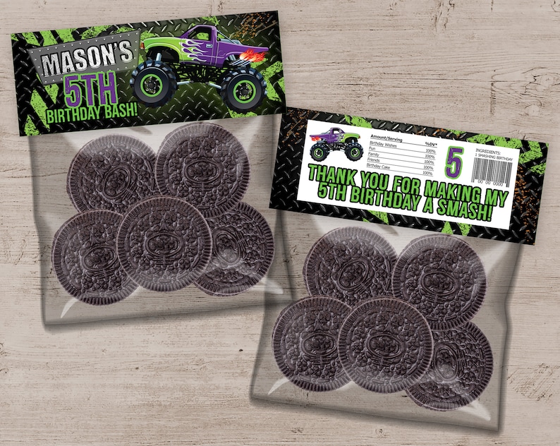 May include: A green and purple monster truck birthday party favor bag with a black and white checkered background. The bag contains cookies and a thank you tag that reads "Thank you for making my 5th birthday a smash!"