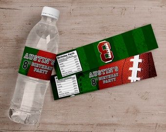 Printed Football Water Bottle Labels, Football Birthday Party Water Bottle Labels, Sports Birthday Party Favors