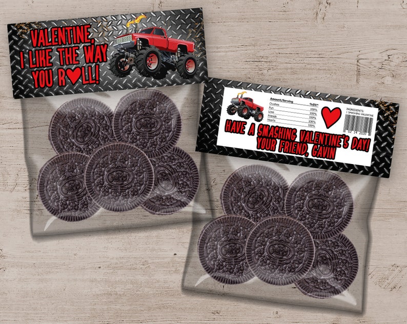 Monster Truck Valentine's Day Treat Bag Topper, Monster Truck Party Favor Bag, Valentine's Day Card, Monster Truck Party Favors, Printable image 1