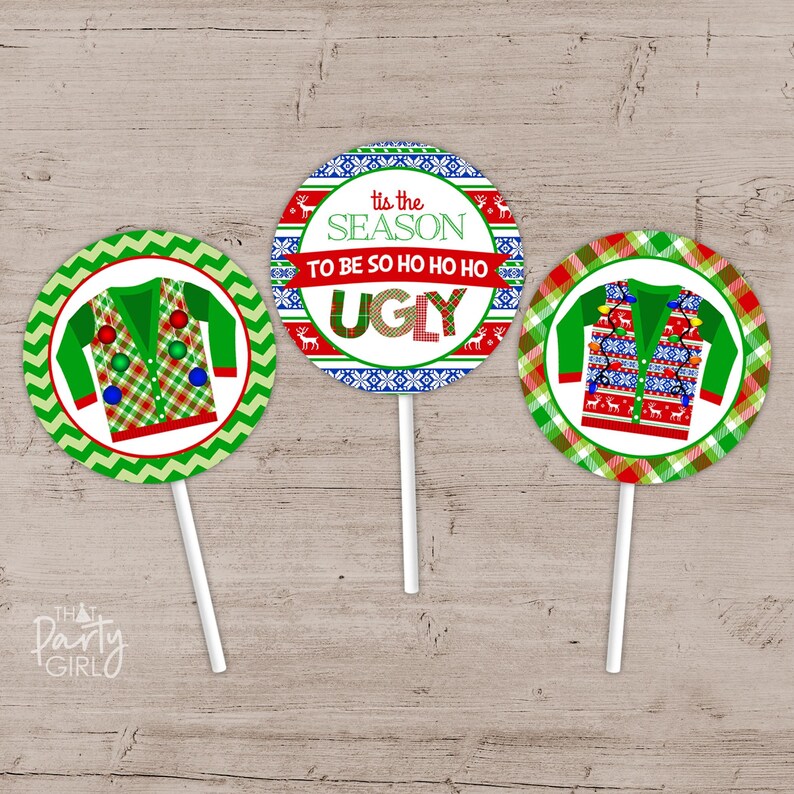 May include: Three round Christmas cupcake toppers with green and red patterned backgrounds. One topper features a red and green Christmas sweater with lights and a white background. Another topper features a red and green Christmas sweater with lights and a white background. The third topper features a red, white, and blue patterned background with the text "Tis the season to be so ho ho ho ugly".