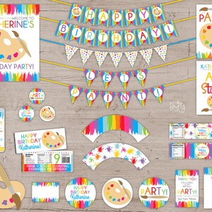May include: Art party printable set with colorful paint splatters, paintbrushes, and palettes. Includes banners, cupcake toppers, favor tags, and more. The text reads "Welcome to Katherine's Birthday Party!" and "Katherine's Art Studio".